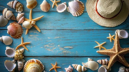 Seashells, starfish, summer hat on blue weathered wooden background, beach holiday concept, vibrant colors, seascape, tropical vacation, summer vibe