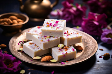 White indian kaju katli barfi sweet.	