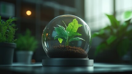 A vibrant green plant enclosed in a glass dome, symbolizing growth and sustainability in a serene indoor setting.