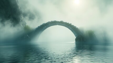 A timeless stone arch bridge spans across a calm body of water, with dense mist surrounding the scene. The soft glow of light through the mist adds an element of mystery and serenity, ideal for