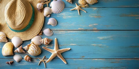 Rustic blue wooden background with a wide variety of seashells scattered around, including scallops, starfish, conch shells, clam shells, seaside travel hat, summer beach vacation concept, vivid color