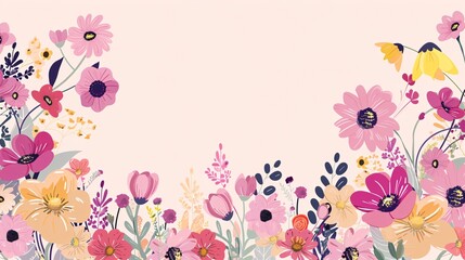 Wall Mural - 79. Delightful cartoon flower border with bright and cheerful blooms on a light orchid background, designed in a crisp vector style