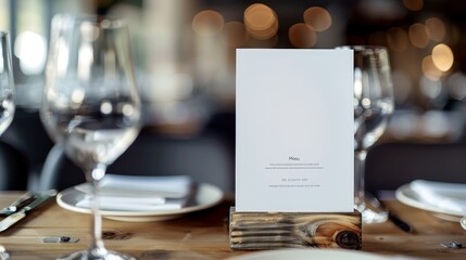 A Table Setting with a Blank Menu Card and Wine Glasses