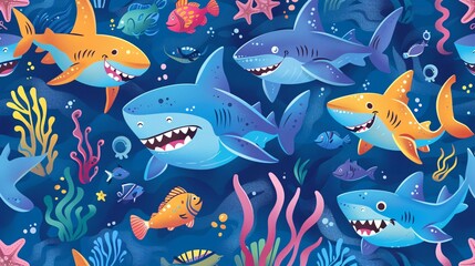 101. Fun and vibrant seamless pattern featuring cartoon sharks and seaweed, designed for kids' fashion fabrics and textile graphics, showcasing the lively underwater world