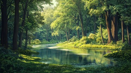 Wall Mural - A Serene Forest Stream Winding Through Lush Green Trees