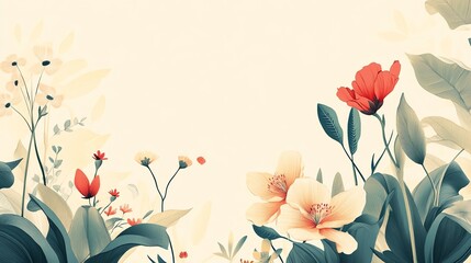 Wall Mural - A Delicate Arrangement of Creamy and Red Flowers with Lush Green Leaves