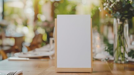 A Blank White Sign on a Wooden Stand on a Table with a Blurred Background