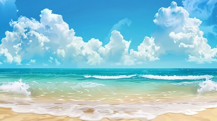 156. Bright and cheerful vector illustration of a summer beach scene with a clear blue sky, fluffy clouds, and golden sand, perfect for background and wallpaper designs