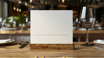 Wall Mural - Blank White Sign on Wooden Stand at Restaurant Table