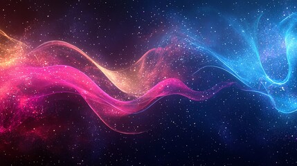 abstract background with blue and pink glowing waves and sparkling stars.