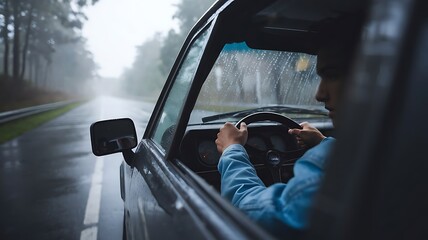 The point-of-view perspective from a driving car on a highway captures the sense of motion and travel