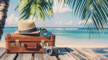 
Vintage suitcase, hipster hat, photo camera and passport on wooden deck. Tropical sea, beach and three palm trees in beautiful background