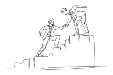 Wall Mural - Single continuous line drawing young energetic businessman holding hands his partner to help climbing the hill. Teamwork support and collaboration concept. One line graphic design vector illustration