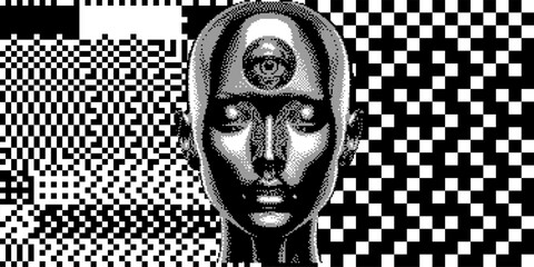 Poster - Glitchy and distorted human face appearing out of pixel noise. A conceptual illustration on artificial intelligence and its emergent nature with the humankind.