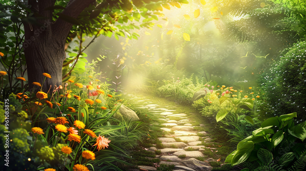 Serene Pathway Through Lush Green Forest with Colorful Flowers. A ...