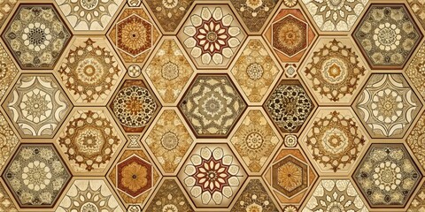 Detailed illustration of octagons in a grid, with intricate textures and patterns within each shape, on a muted beige background.