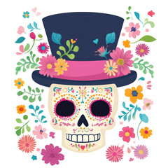 Colorful sugar skull with floral patterns and a top hat, celebrating Día de los Muertos. Festive and cultural design.

