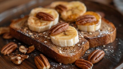 Wall Mural - Handmade banana toast with a brown brick backdrop and pecans