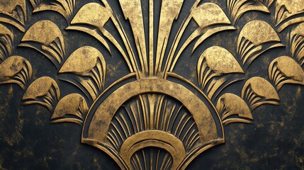  Ornate gold and black art deco design with intricate patterns and textures.