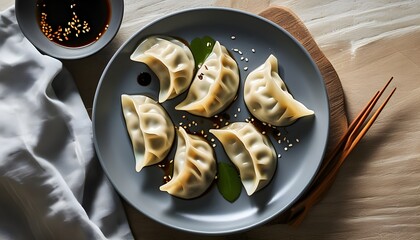 Delicious Korean-Japanese gyoza served on a stylish gray plate atop a rustic table