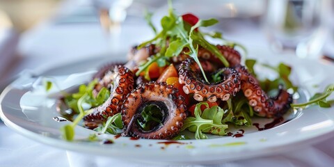 Wall Mural - Detailed view of a grilled octopus salad presented on a clean plate atop a white table covering.