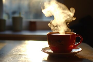 First sip of coffee with steam rising, Monday morning, invigorating start