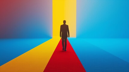 A silhouetted businessman walks towards a bright yellow light at the end of a red carpet, surrounded by blue and yellow walls. The abstract composition symbolizes a journey towards success or a new