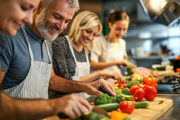 Wall Mural - Middle-aged friends learning to chop vegetables together in a hands-on cooking class, smiling and focused