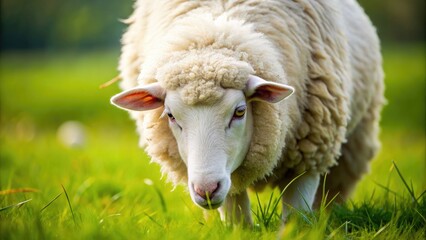 Close-up of a fluffy white sheep grazing in a green field, sheep, livestock, wool, animal, farm, agriculture, countryside, nature