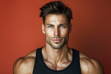 Wall Mural - close-up of a fit man with a muscular build, confidently presenting against a solid color backdrop, 