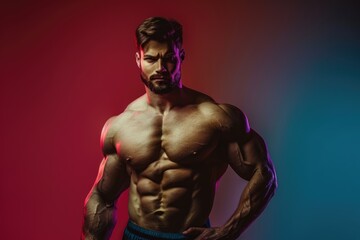 Wall Mural - fit man with a muscular build confidently presenting, solid color background emphasizing both his me