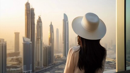 
Woman with a white hat is standing on a balcony in front of the skyline from the beautiful Dubai Downtown