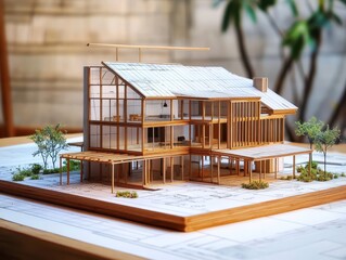 Wall Mural - wooden model house, architectural blueprints, construction plans, building project, home renovation, residential design, structural details, housing development, wooden frame, miniature model