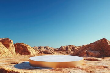 Wall Mural - A minimalist podium against the backdrop of Mars' rocky landscape and a deep blue sky, perfect for futuristic product presentations