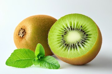 Wall Mural - A kiwi fruit, whole and sliced, with a green interior and mint leaves.