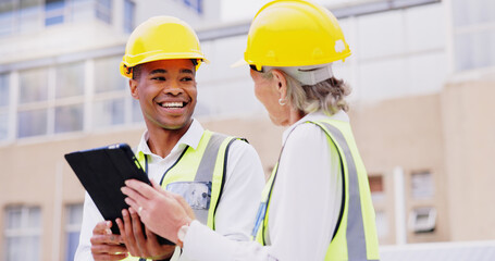 Sticker - Business people, civil engineer and team with tablet for construction, architecture or industrial development in city. Man, woman or builders with smile, safety hard hat or technology for building