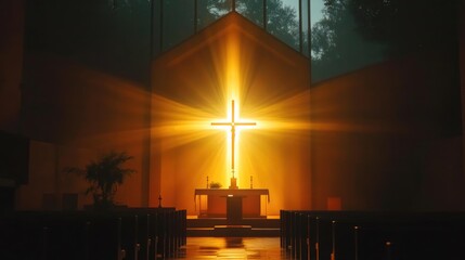 A church with a cross radiating light from behind, creating a serene and miraculous atmosphere in the stillness of night.