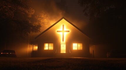 A church at night with a cross bathed in light from behind, the glow symbolizing a miraculous presence.