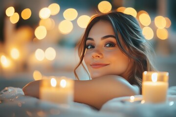 High-resolution brightly lit photorealistic candid photograph of a beautiful presenter woman in a spa, basking in the peaceful atmosphere, surrounded by elegant candles and soft spa lighting. The