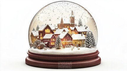 snow globe with a winter village scene, holiday decoration, detailed illustration, isolated on white