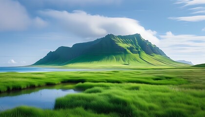 A green hill stands in the tranquil natural scenery, surrounded by gentle grasslands and a vast ocean in the distance, showing the fusion of tranquility and beauty.