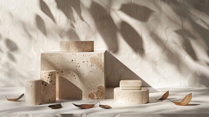 Wall Mural - Modern product display featuring clean lines, stone, and leaf shadows