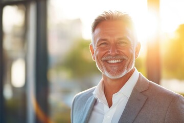 High-resolution brightly lit photorealistic candid photograph of a senior businessman radiating happiness in a high-end lifestyle magazine style. The bright, uplifting feel complements his joyful