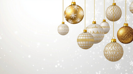 Golden Christmas balls light white background. Festive xmas decoration gold glass christmas balls and glossy snowflake, stars, hanging on the ribbon.