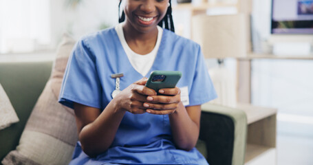 Poster - Person hands, nurse or phone on sofa for text, email or message for news update in home. Caregiver, mobile or smile in living room for healthcare information, chat or happy for medical breakthrough