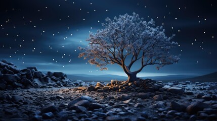 Falling stars against snowy landscape and tree