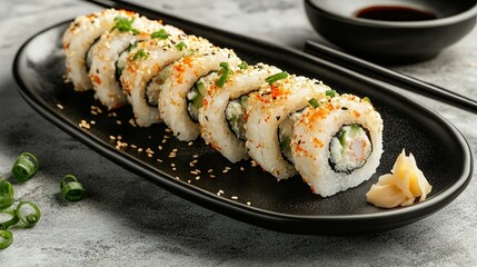 Sushi rolls served on a black plate with chopsticks, creating a visually appealing contrast between the vibrant rolls and the sleek dark background.