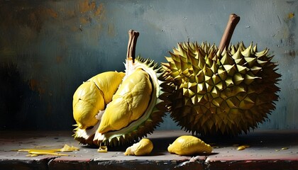 Wall Mural - Exotic durian fruit with spiky exterior and distinctive aroma in tropical setting