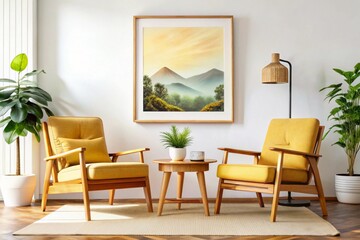 Two armchairs in room with white wall and big frame poster on it. Scandinavian style interior design of modern living room