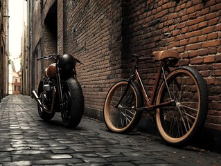 contrasting two wheeled urban vehicles a sleek motorcycle and vintage bicycle in an alleyway